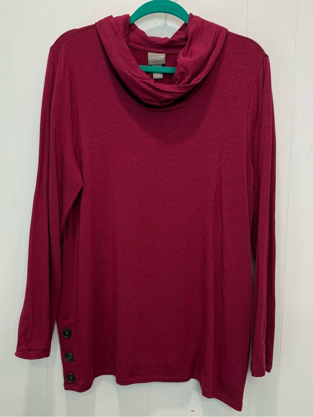 Chico's Magenta Fleece Lined Cowl Neck Button Detail Pullover Size 2 12 Large
